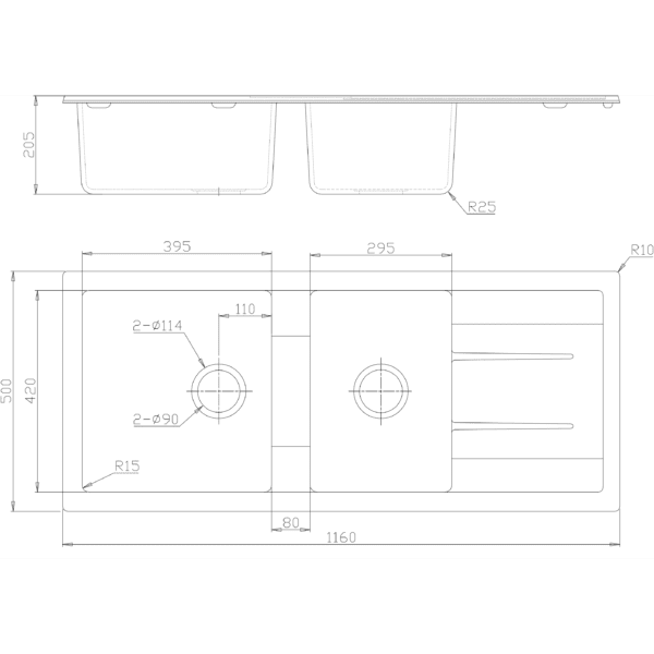 CBF S11650D-B Black Kitchen Sink – 1 and ¾ Bowl with Drainer – 1160 x 500mm-schematic