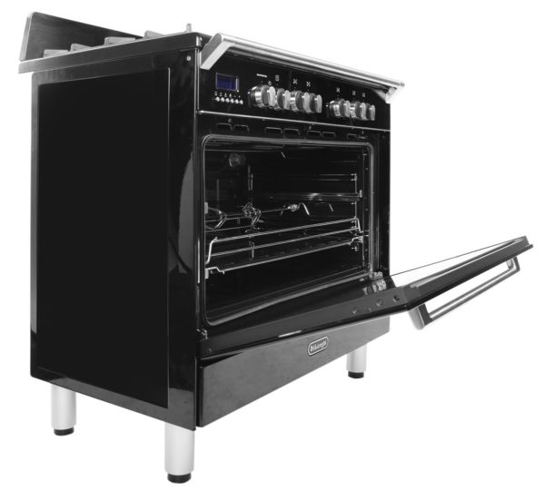DeLonghi DEFV908BK 90cm Dual Fuel Upright Vintage Cooker-OvenStove-Front-Open-
