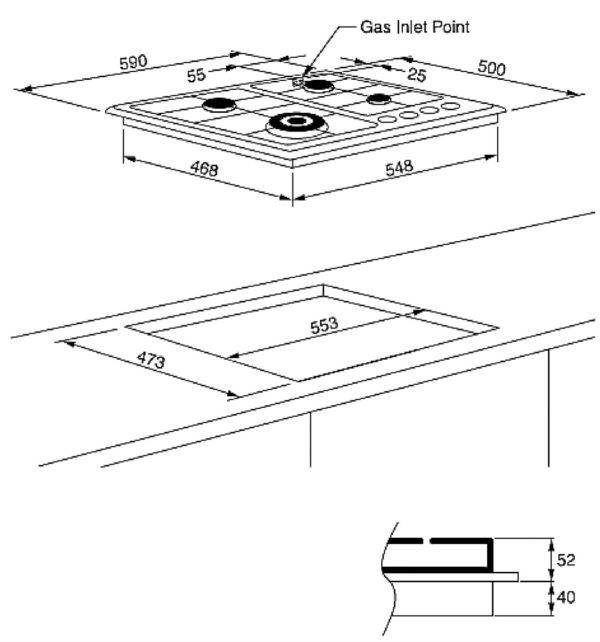 Technika TB64GWFSS-4 4 Burner Cooktop – 600mm – Brushed Stainless Steel (schematic)