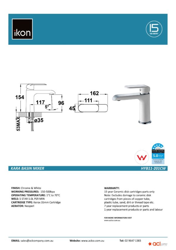 IKON HYB11-201CW KARA Basin Mixer – White & Chrome (details)