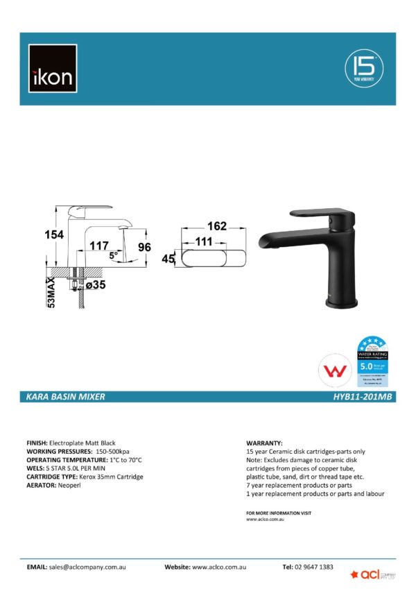 IKON HYB11-201MB KARA Basin Mixer – Matte Black (details)