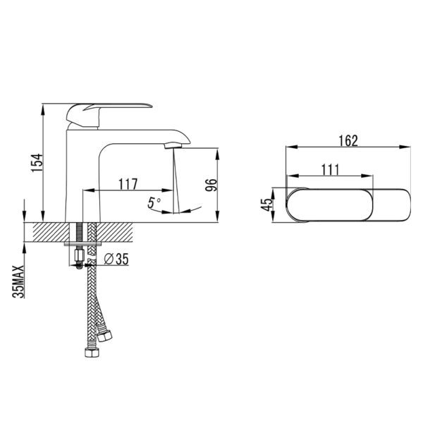 IKON HYB11-201MB-R KARA Basin Mixer – Matte Black/Rose Gold (schematic)