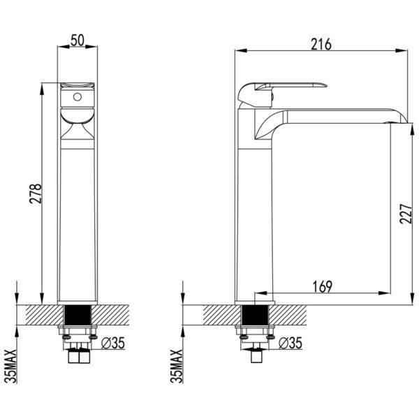 IKON HYB11-202MB KARA High Rise Basin Mixer – Matte Black (schematic)