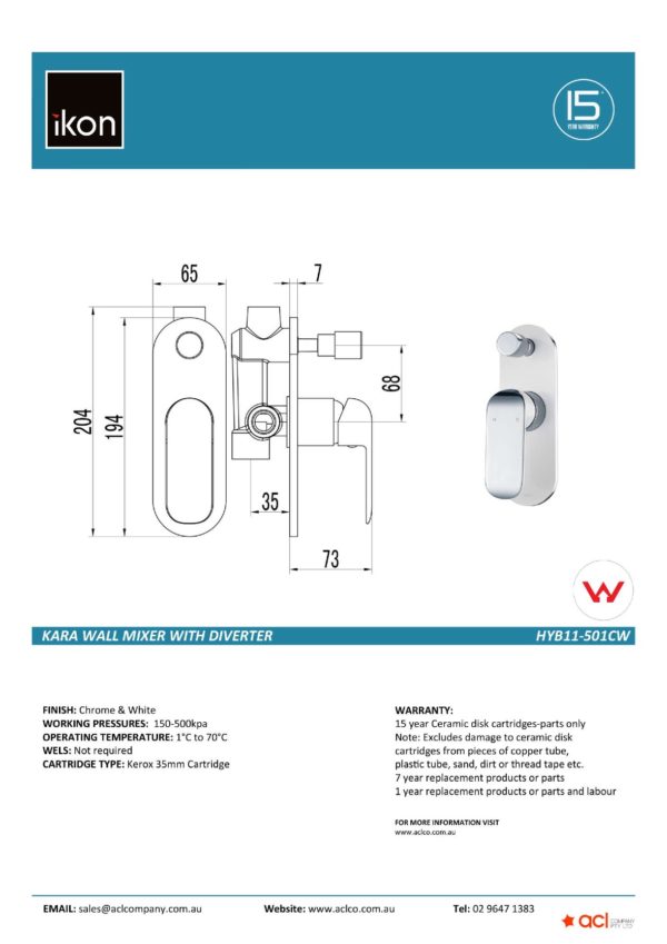 IKON HYB11-501CW KARA Diverter Wall Mixer – White & Chrome (details)