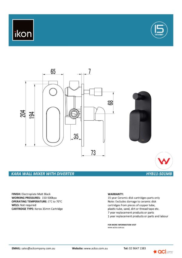 IKON HYB11-501MB KARA Diverter Wall Mixer – Matte Black (details)