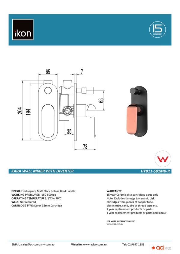 IKON HYB11-501MB-R KARA Diverter Wall Mixer – Matte Black/Rose Gold (details)
