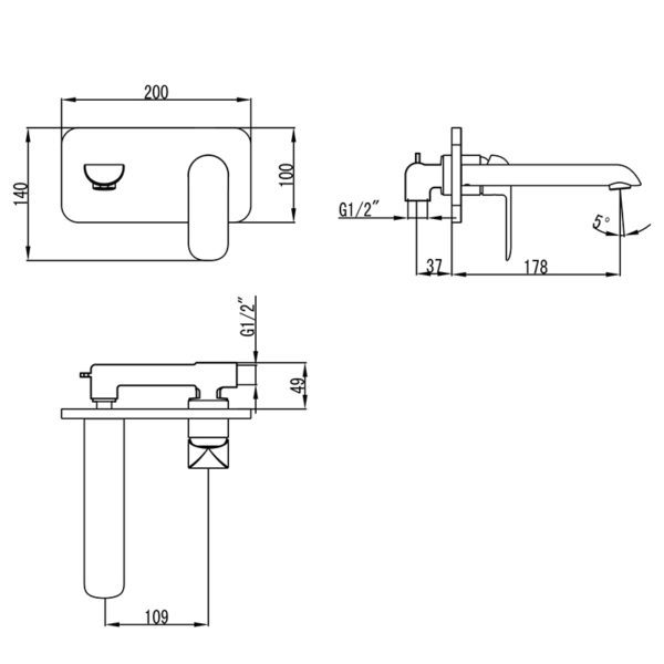 IKON HYB11-601MB KARA Wall Basin Mixer with Spout- Matte Black (schematic)