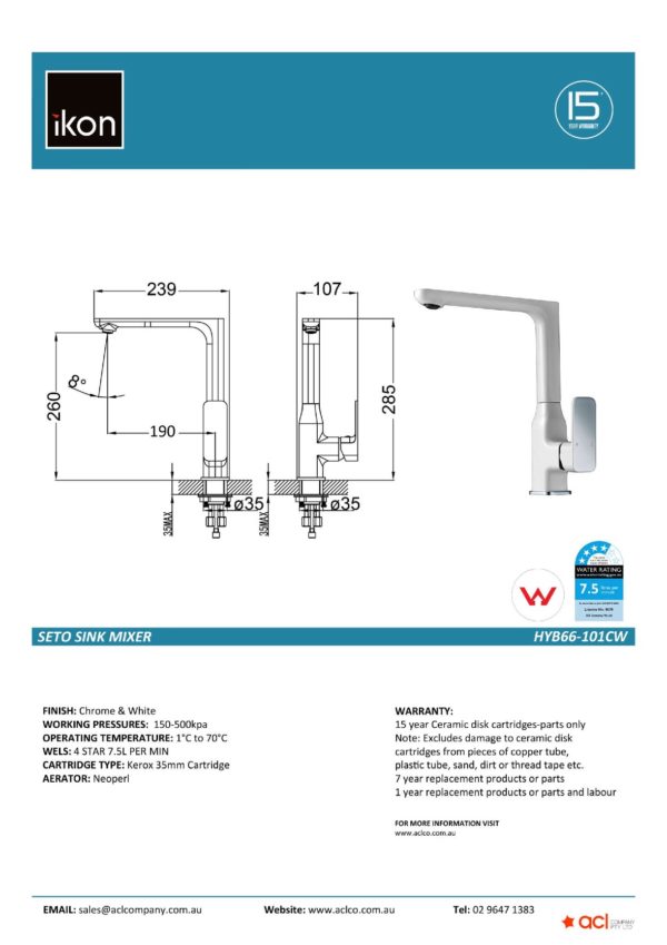 IKON HYB66-101CW SETO Sink Mixer – White & Chrome (details)