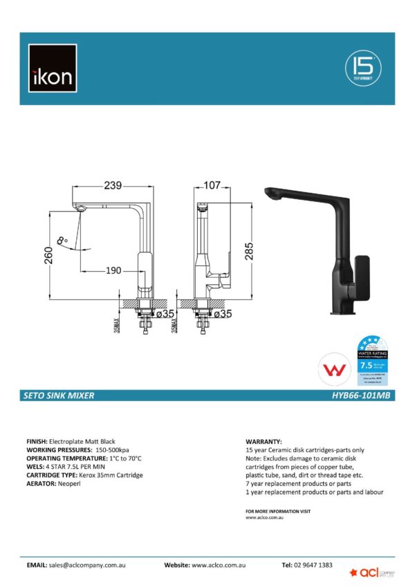 IKON HYB66-101MB SETO Sink Mixer – Matte Black (details)