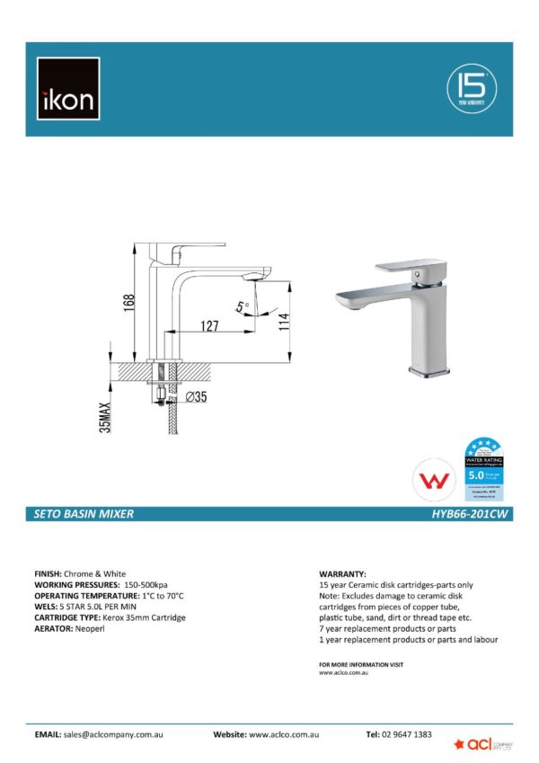 IKON HYB66-201CW SETO Basin Mixer – White & Chrome (details)