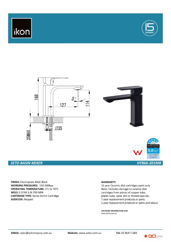 IKON HYB66-201MB SETO Basin Mixer – Matte Black (details)