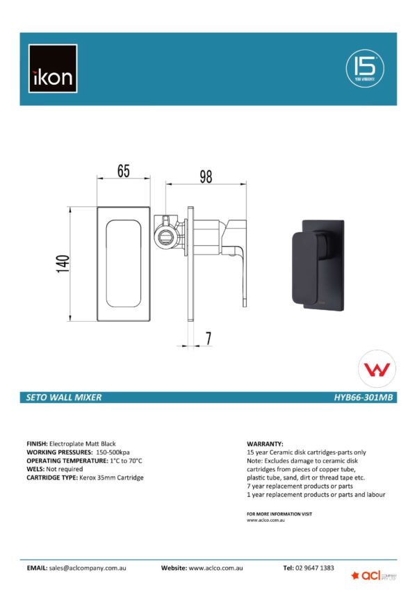 IKON HYB66-301MB SETO Wall Mixer – Matte Black (details)