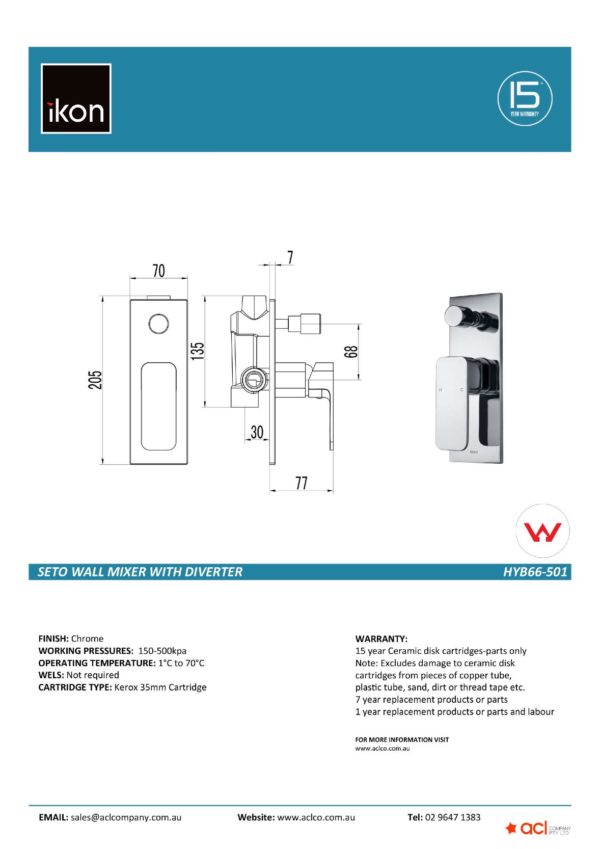 IKON HYB66-501 SETO Diverter Wall Mixer Chrome (details)