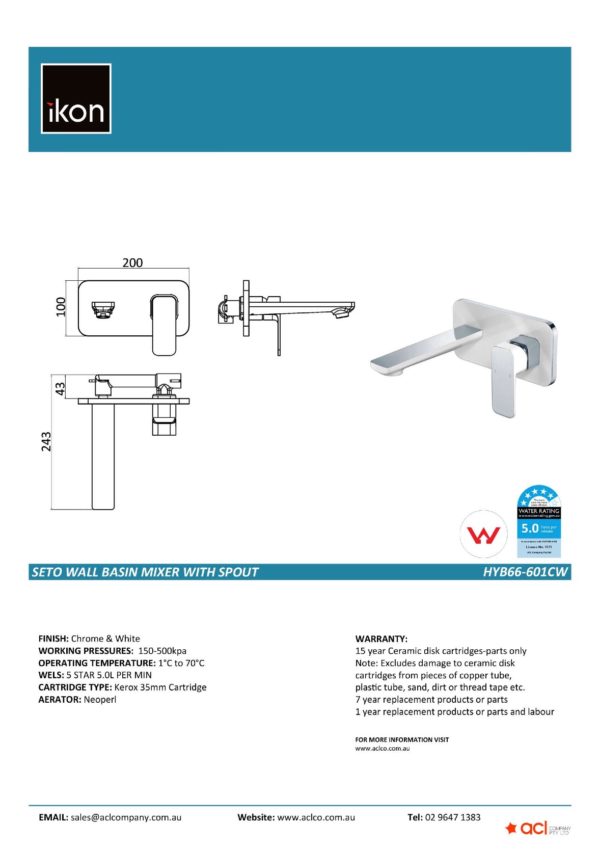 IKON HYB66-601CW SETO Wall Basin Mixer with Spout- White & Chrome (details)