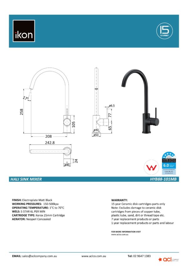 IKON HYB88-101MB HALI Sink Mixer – Matte Black (details)