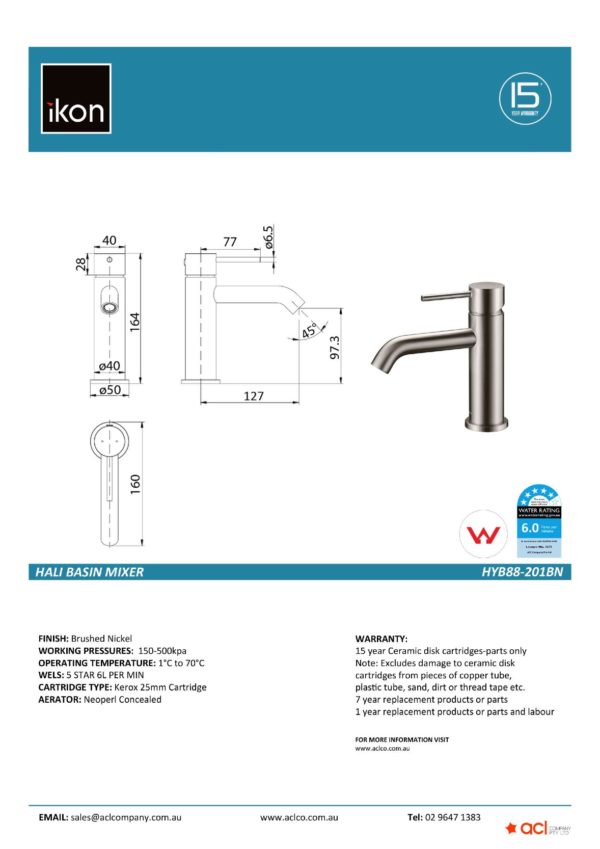 IKON HYB88-201BN HALI Sink Mixer – Brushed Nickel (details)