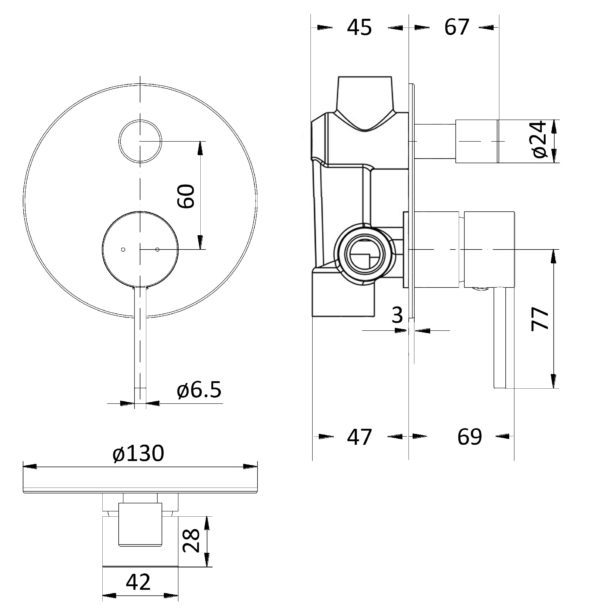 IKON HYB88-501MB HALI Wall Mixer with Diverter- Matte Black (schematic)