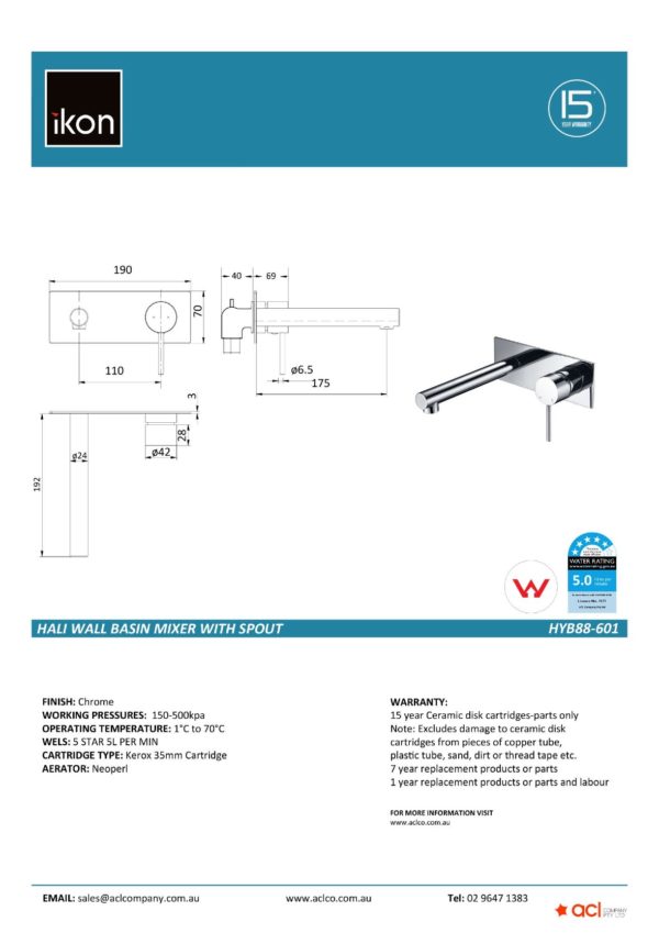IKON HYB88-601 HALI Wall Basin Mixer with Spout – Chrome (details)