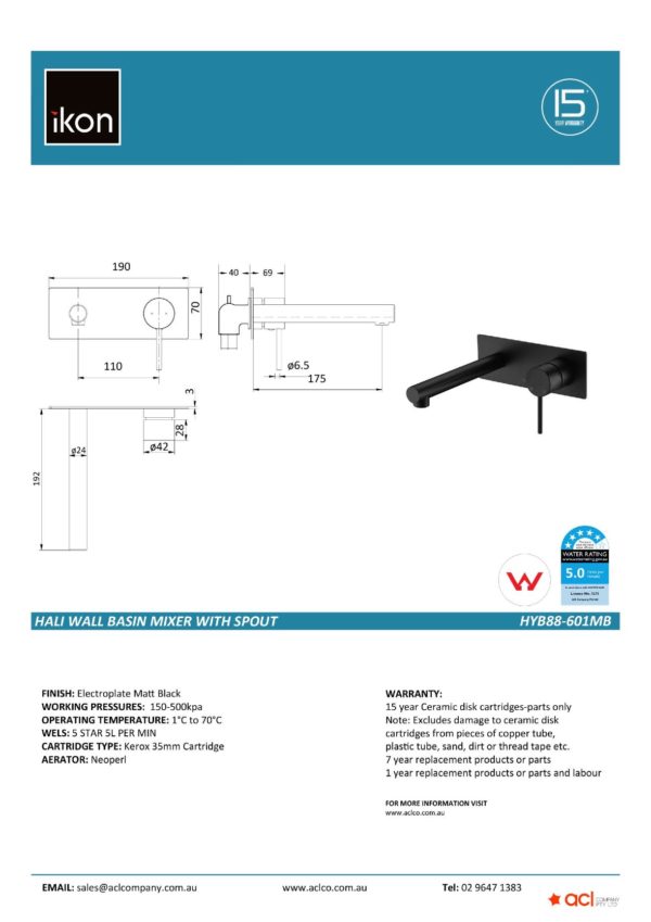 IKON HYB88-601MB HALI Wall Basin Mixer with Spout – Matte Black (details)